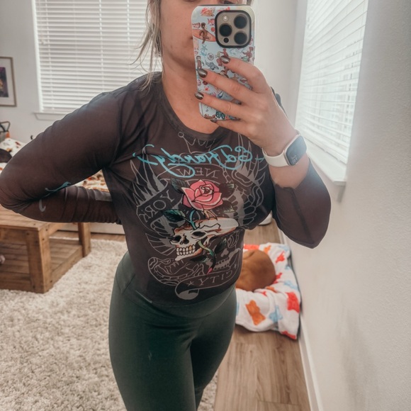 Ed Hardy Tops - Ed Hardy Charcoal Mesh Top with Skull and Rose